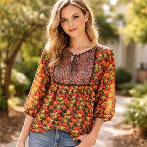 Apostrophe Floral Boho Peasant Blouse Size S Sheer Empire Waist Cottagecore Top
